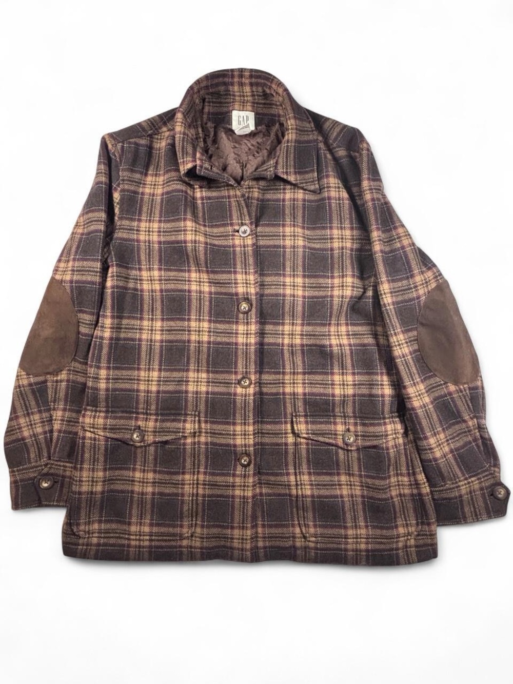 Vintage GAP Wool Blend Plaid Jacket with Faux Suede Elbow Patches - Size L